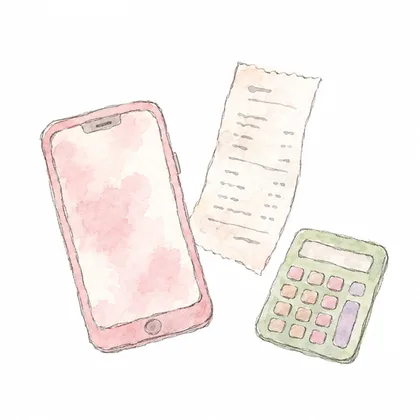 スマートフォンとレシート、電卓の水彩イラスト