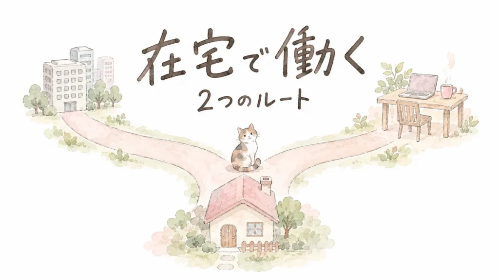 在宅で働く2つのルート｜家から会社と自宅ワークへ分かれる道と猫の水彩イラスト