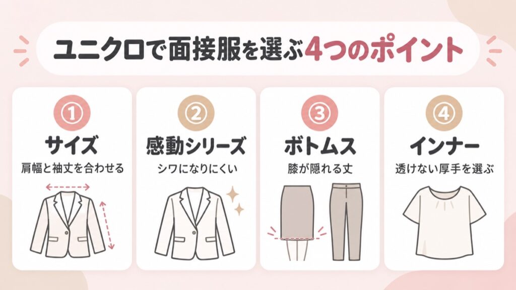 ユニクロで面接服を選ぶ4つのポイント。サイズ、感動シリーズ、ボトムスの丈、インナーの透け対策