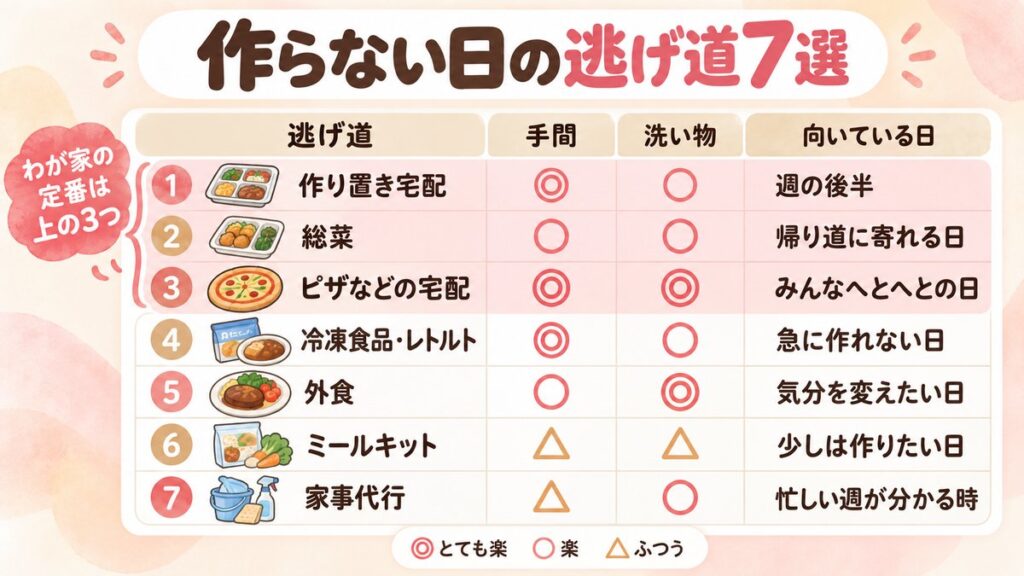 夕飯を作らない日の逃げ道7選の早見表。作り置き宅配、総菜、ピザなどの宅配、冷凍食品・レトルト、外食、ミールキット、家事代行の手間・洗い物・向いている日